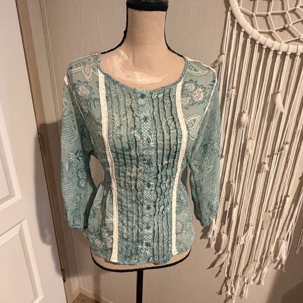 American Rag Teal Button-Down Blouse with Lace
